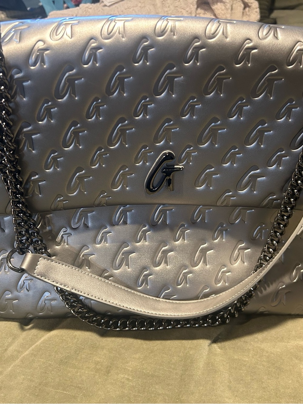 Glamaholic Embossed Metallic Silver Shoulder Bag with Chain Strap